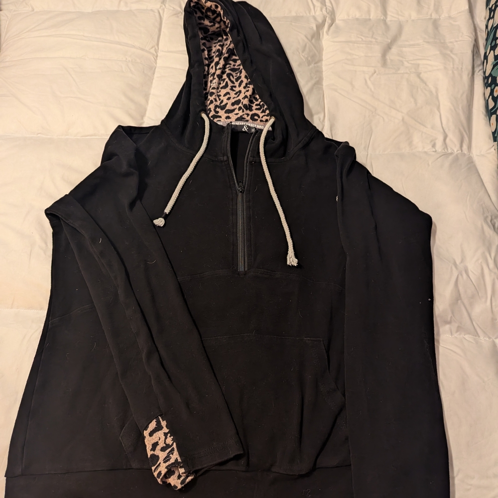 Black Boxy Hoodie with Leopard Print Accents